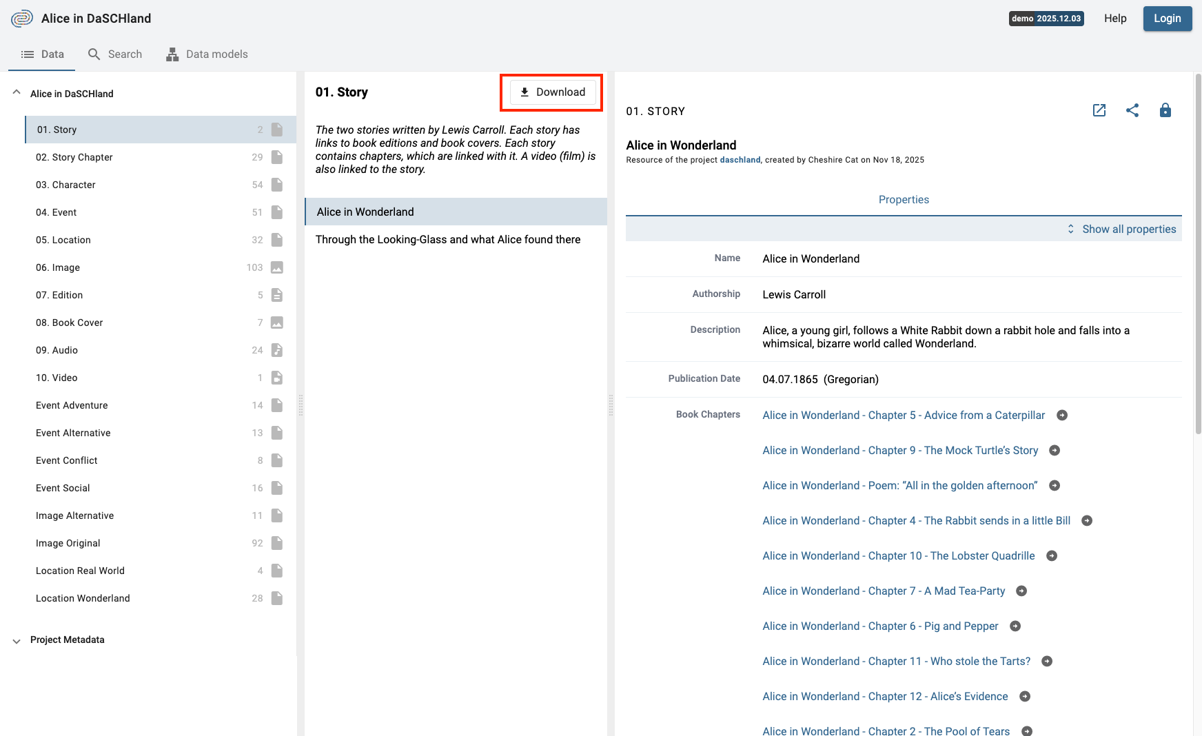 Download button in the Data view.