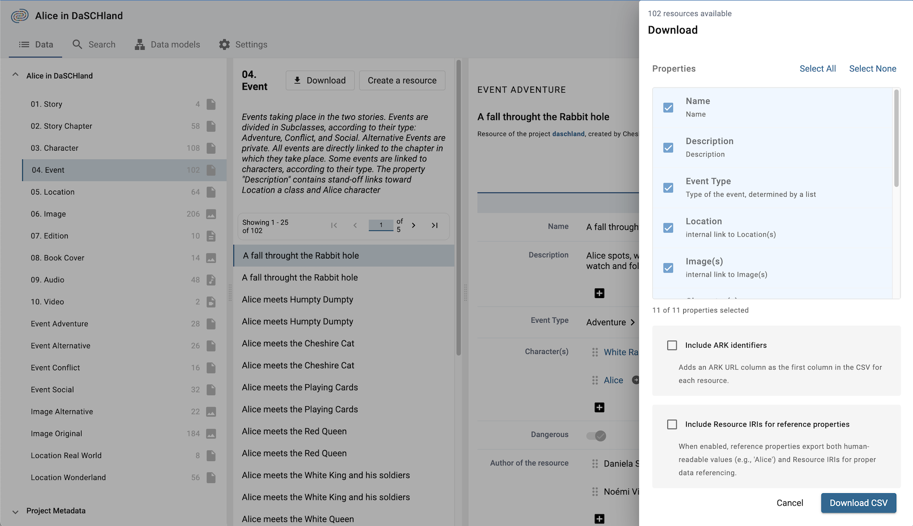 Download dialog showing property selection with Include ARK Identifiers and Include Resource IRIs options.