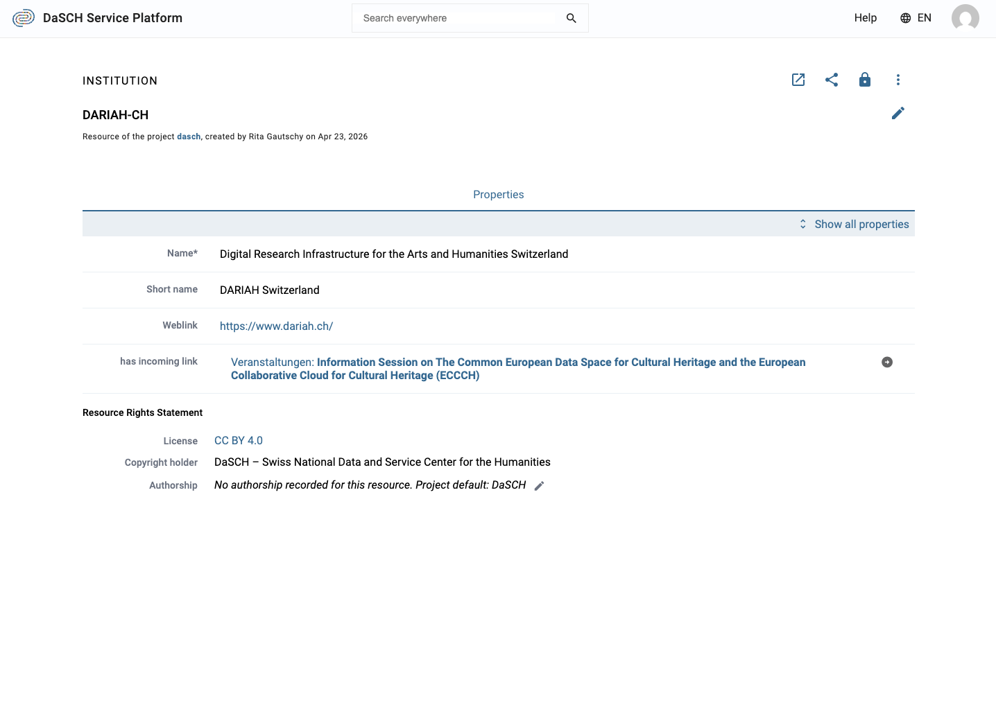 The Resource Rights Statement on a resource's Properties tab, showing License, Copyright holder, and Authorship.